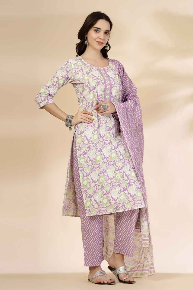 Violet Floral Printed Cotton Kurti Pant Set