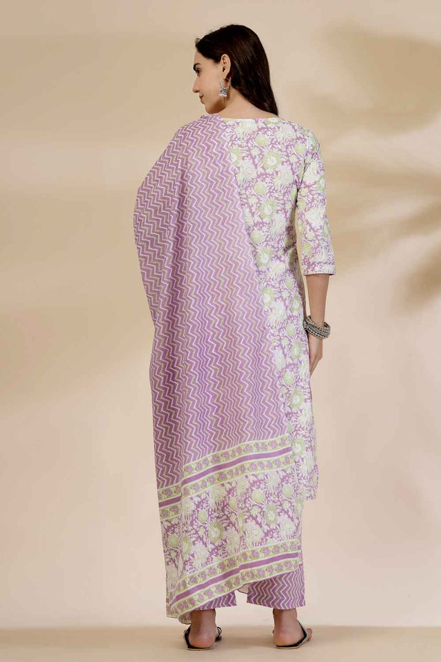 Violet Floral Printed Cotton Kurti Pant Set