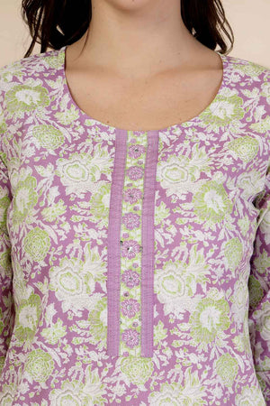 Violet Floral Printed Cotton Kurti Pant Set