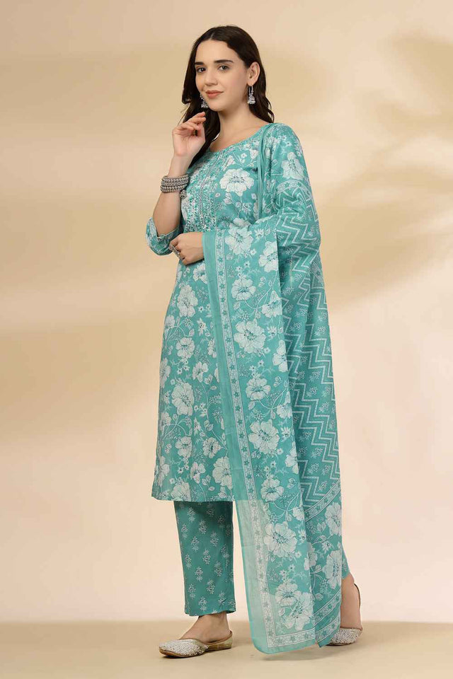 Blue Floral Printed Cotton Kurti Pant Set