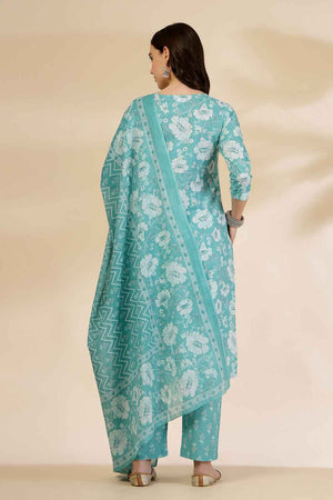 Blue Floral Printed Cotton Kurti Pant Set