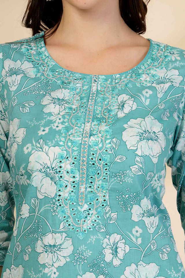 Blue Floral Printed Cotton Kurti Pant Set