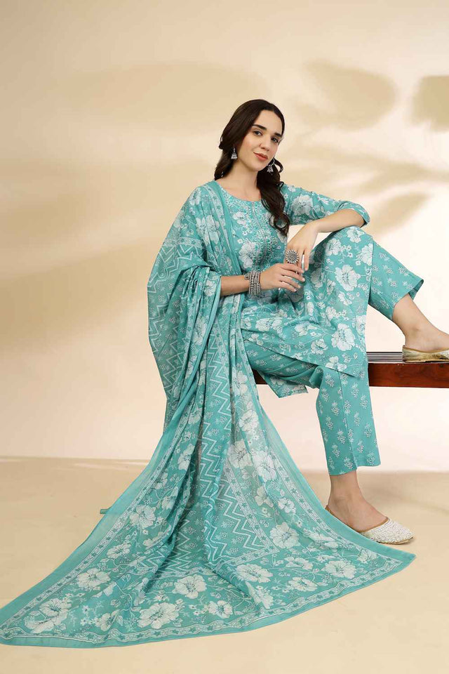 Blue Floral Printed Cotton Kurti Pant Set