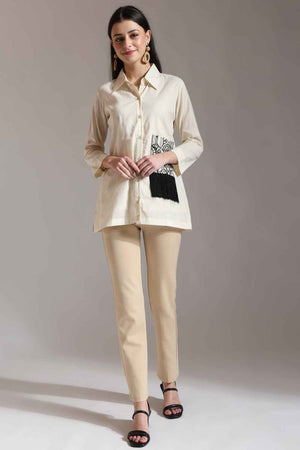 White Patchwork Pure Cotton Tops