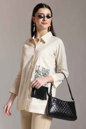 White Patchwork Pure Cotton Tops