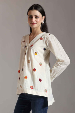 White Patchwork Pure Cotton Tops