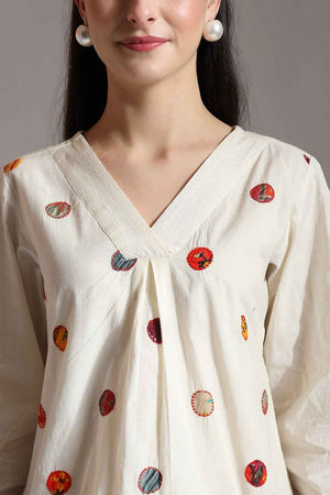 White Patchwork Pure Cotton Tops