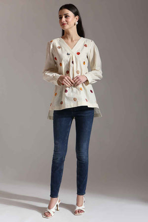 White Patchwork Pure Cotton Tops