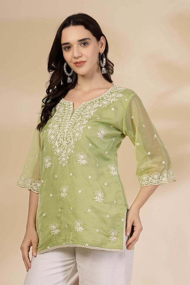 Green Embroidered Organza Tops & Tunics