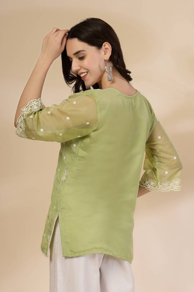 Green Embroidered Organza Tops & Tunics