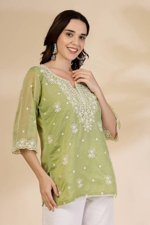 Green Embroidered Organza Tops & Tunics