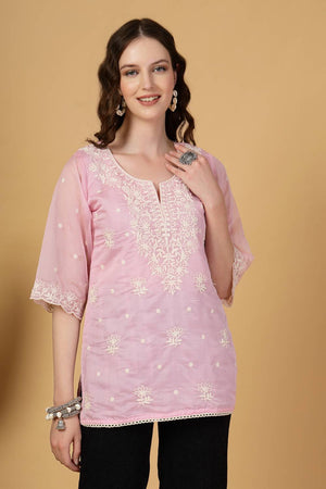 Pink Embroidered Organza Tops & Tunics