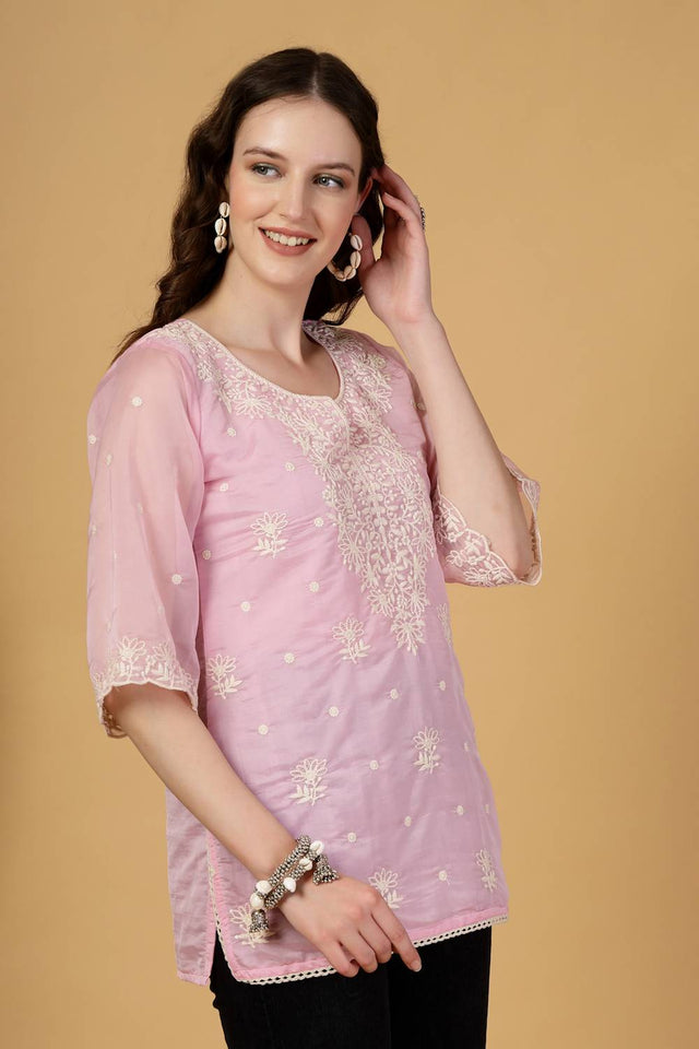 Pink Embroidered Organza Tops & Tunics