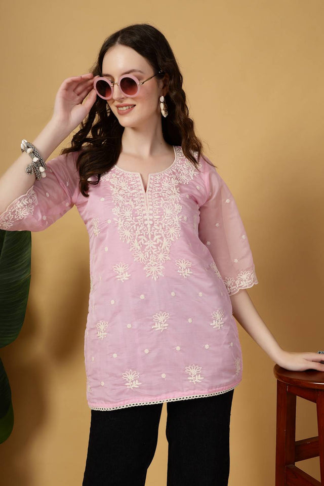 Pink Embroidered Organza Tops & Tunics