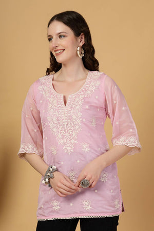 Pink Embroidered Organza Tops & Tunics
