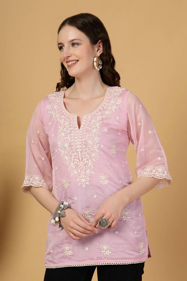 Pink Embroidered Organza Tops & Tunics