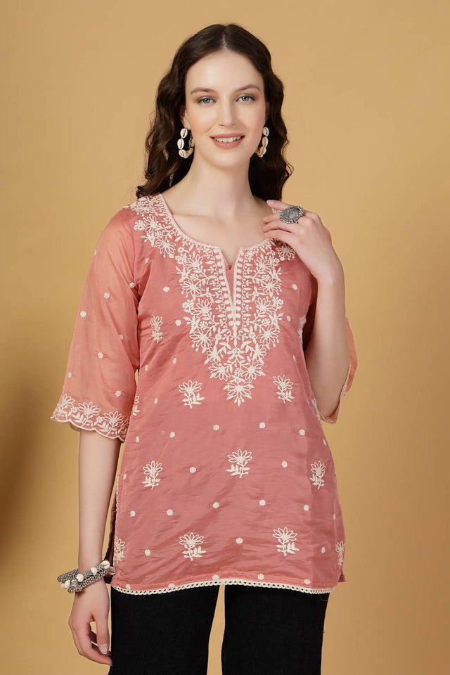 Rust Embroidered Organza Tops & Tunics