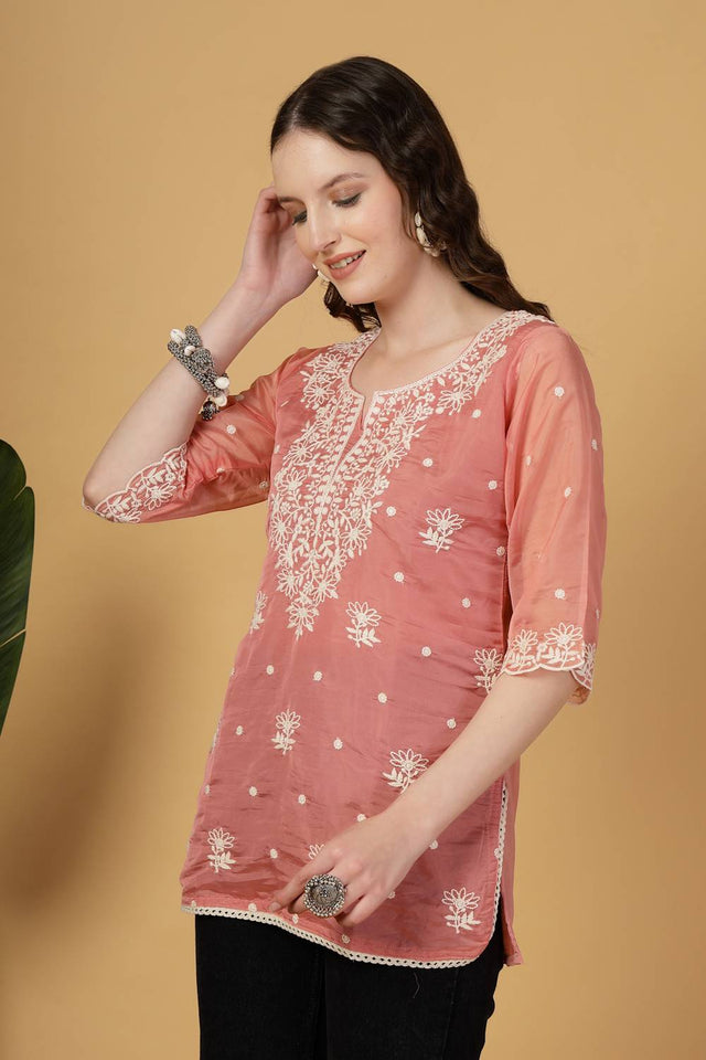 Rust Embroidered Organza Tops & Tunics