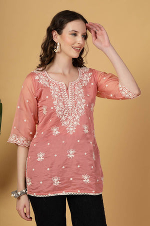 Rust Embroidered Organza Tops & Tunics