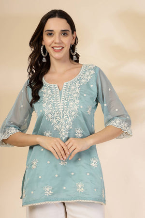 Turquoise Embroidered Organza Tops & Tunics