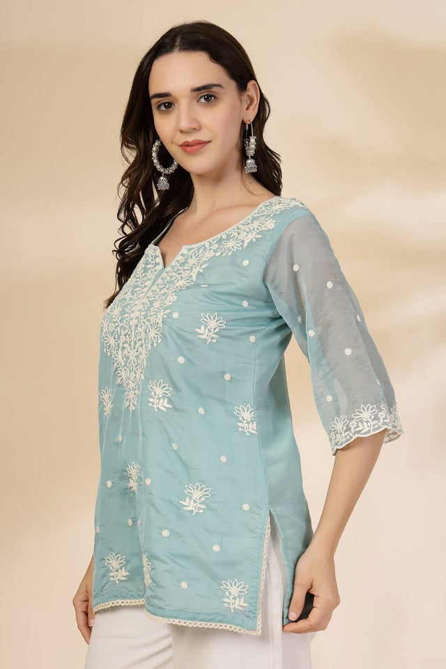 Turquoise Embroidered Organza Tops & Tunics