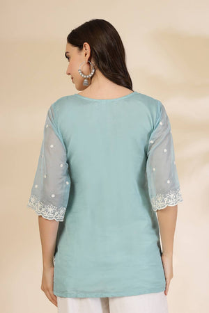 Turquoise Embroidered Organza Tops & Tunics