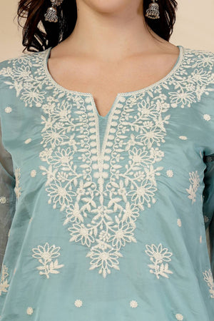 Turquoise Embroidered Organza Tops & Tunics