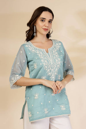Turquoise Embroidered Organza Tops & Tunics