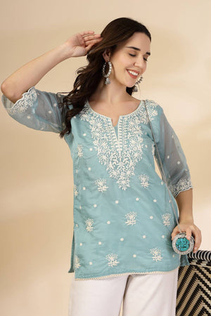 Turquoise Embroidered Organza Tops & Tunics