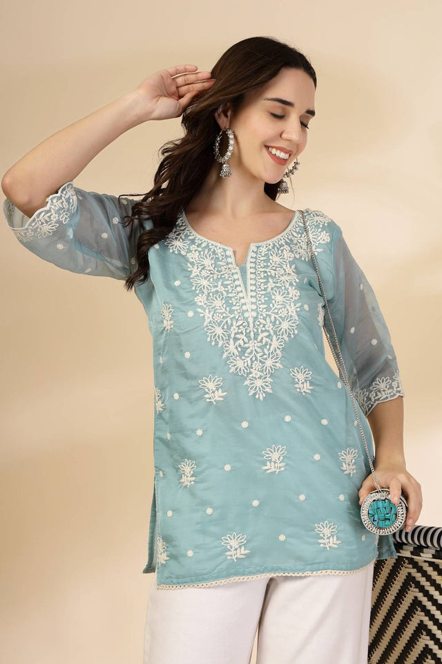 Turquoise Embroidered Organza Tops & Tunics