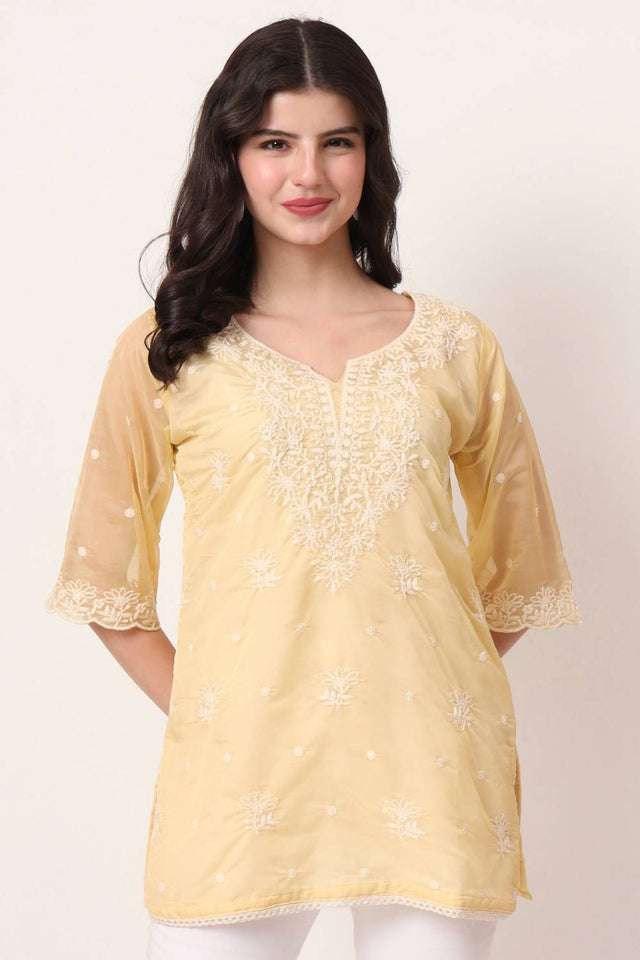 Yellow Embroidered Organza Tops & Tunics