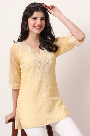 Yellow Embroidered Organza Tops & Tunics