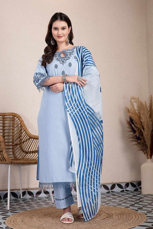 Blue Solid Cotton Kurti Pant Set
