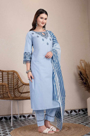 Blue Solid Cotton Kurti Pant Set