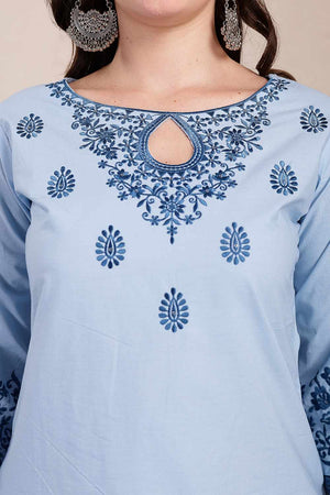 Blue Solid Cotton Kurti Pant Set