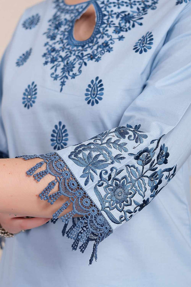 Blue Solid Cotton Kurti Pant Set