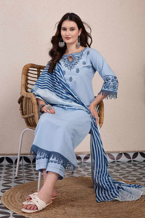 Blue Solid Cotton Kurti Pant Set