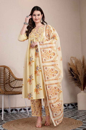 Yellow Floral Printed Cotton Kurti Pant Set