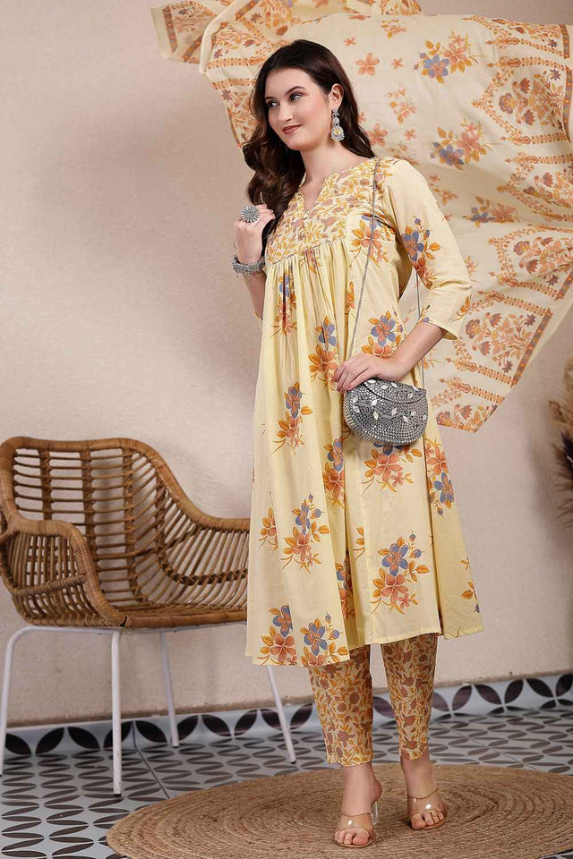 Yellow Floral Printed Cotton Kurti Pant Set