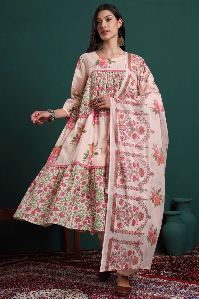 Pink Floral Printed Cotton Straight Cut Suit Set