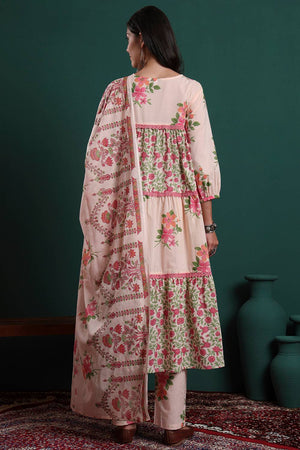 Pink Floral Printed Cotton Straight Cut Suit Set