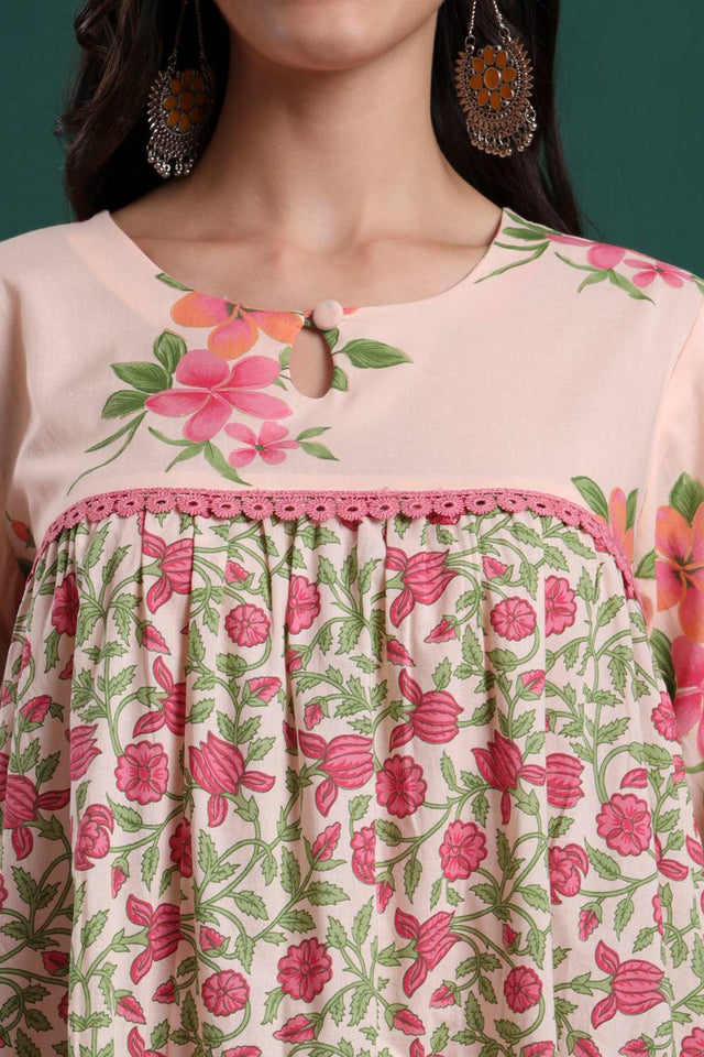 Pink Floral Printed Cotton Straight Cut Suit Set