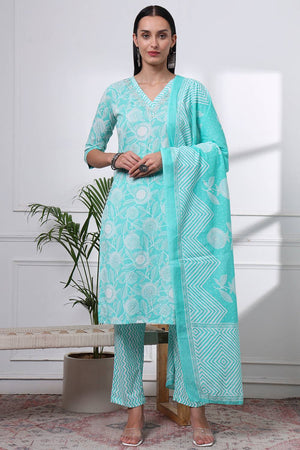 Sea Green Floral Printed Cotton Straight Cut Suit Set