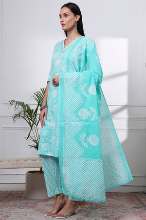 Sea Green Floral Printed Cotton Straight Cut Suit Set