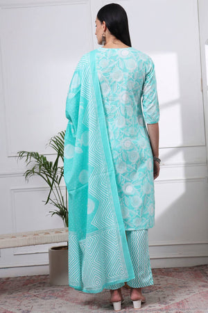 Sea Green Floral Printed Cotton Straight Cut Suit Set