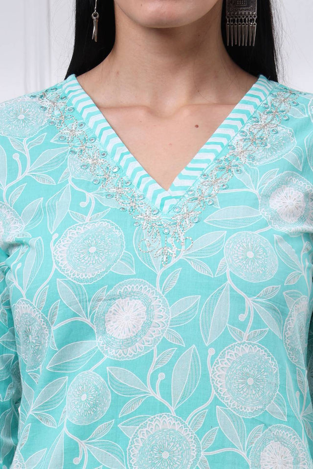 Sea Green Floral Printed Cotton Straight Cut Suit Set