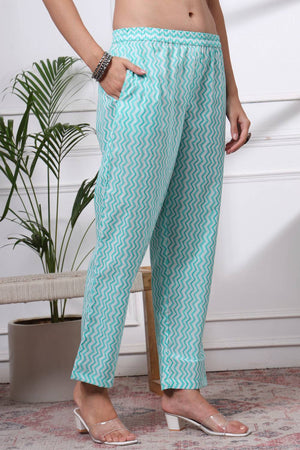 Sea Green Floral Printed Cotton Straight Cut Suit Set