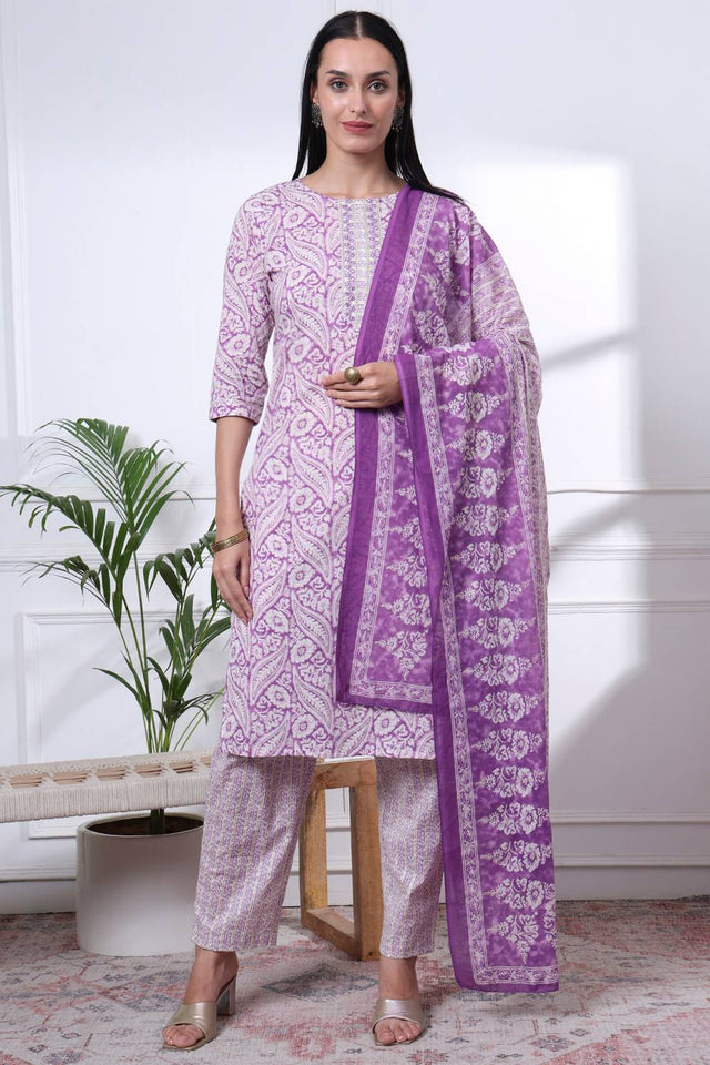 Violet Floral Printed Cotton Straight Cut Suit Set