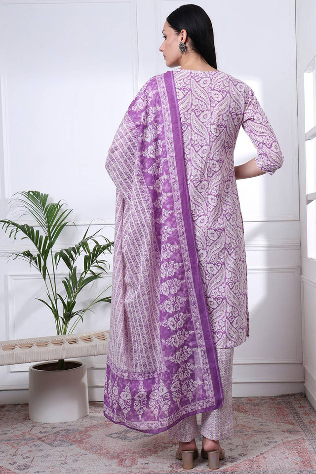 Violet Floral Printed Cotton Straight Cut Suit Set