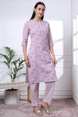 Violet Floral Printed Cotton Straight Cut Suit Set